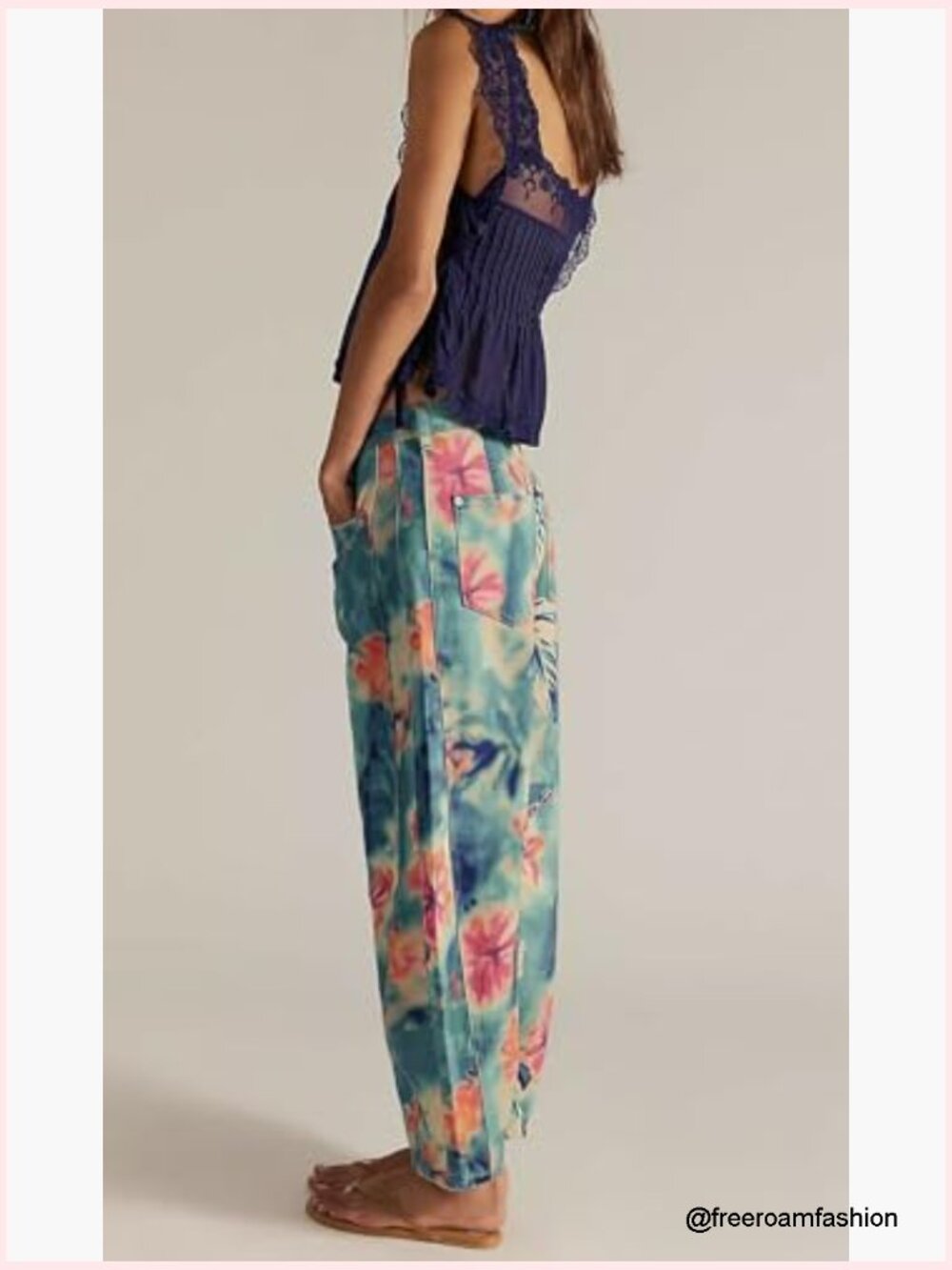 Women Boyfriend Baggy Barrel Jeans Floral Print Denim Ankle Pants Wide Leg Mid - Picture 6 of 7